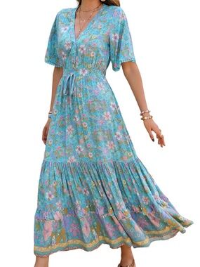 R.Vivimos Womens Summer Short Sleeve V Neck Floral Print Bohemian Midi Dresses M